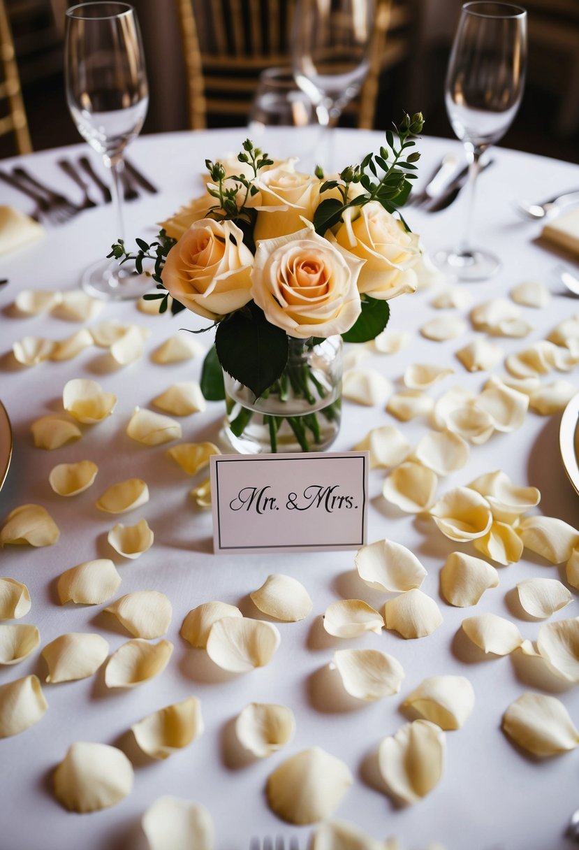 Silk rose petals scattered across a wedding table, surrounding the Mr. and Mrs. place settings