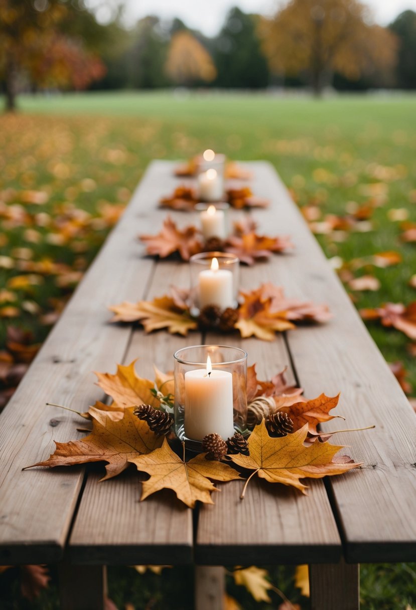 A wooden table adorned with scattered autumn leaves and simple, rustic wedding decorations