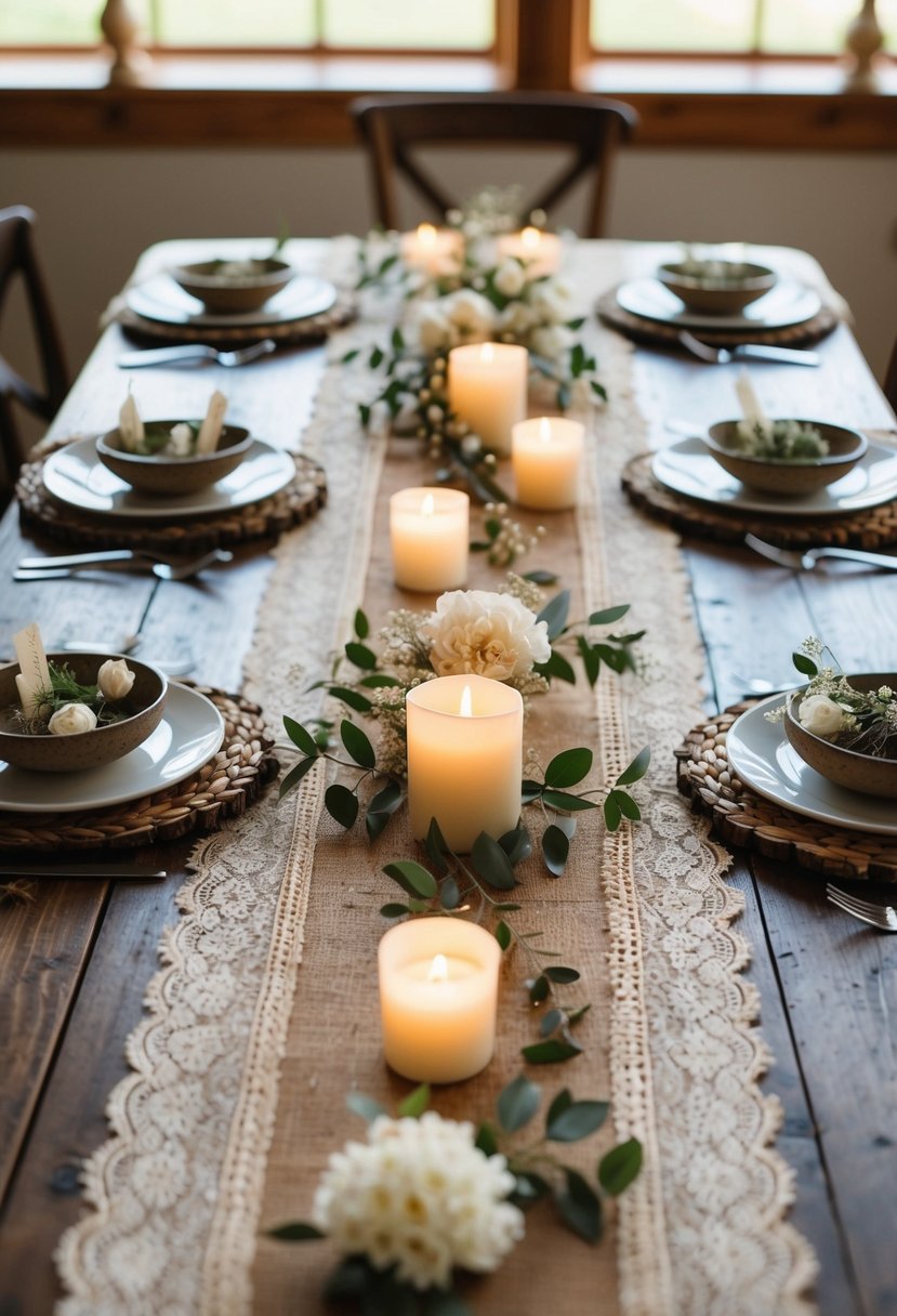 A rustic wooden table set with a burlap and lace table runner, adorned with delicate floral arrangements and flickering candles