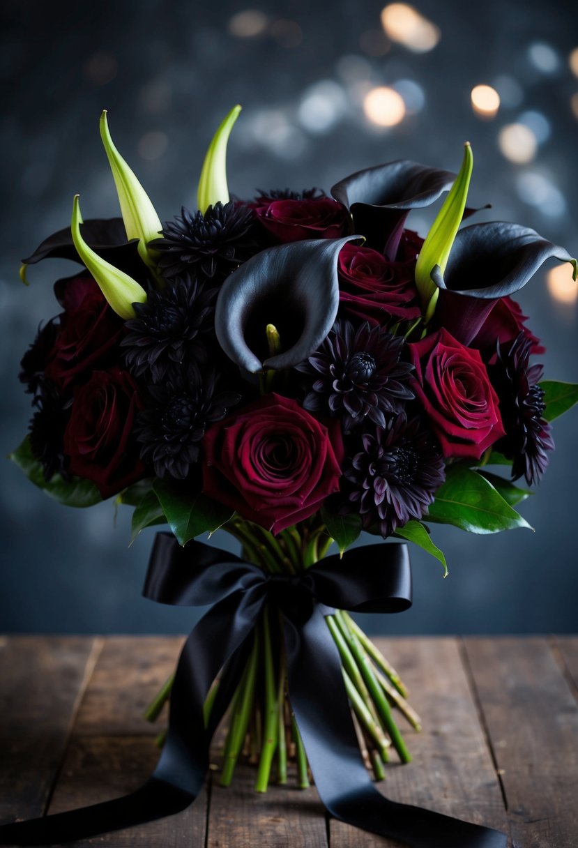 A dark, lush bouquet of oxblood velvet roses, black calla lilies, and deep purple dahlias, tied with a black satin ribbon