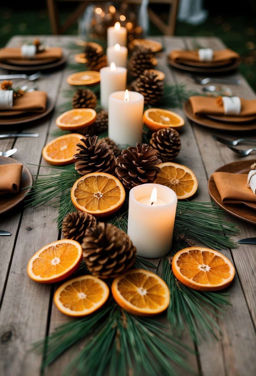 A rustic wooden table adorned with dried orange slices, pinecones, and candles, creating a simple and elegant autumn wedding centerpiece