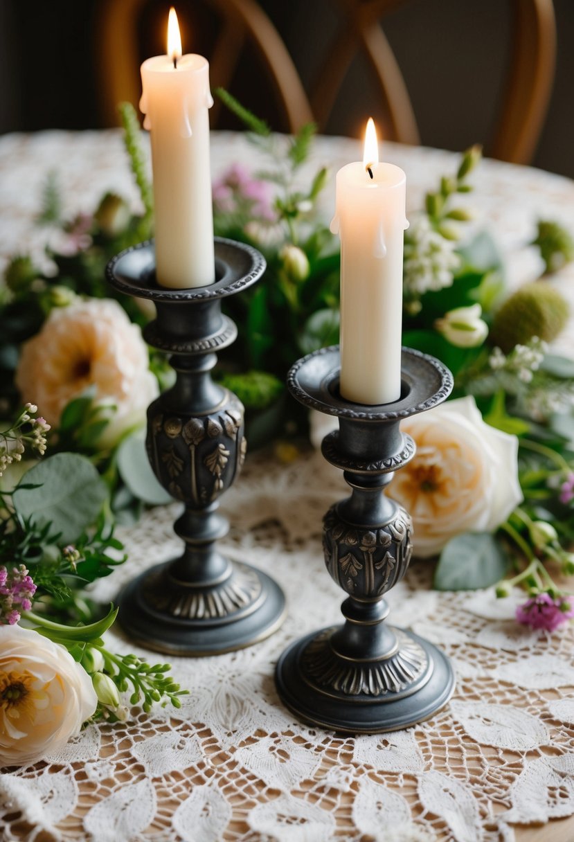 Two vintage candle holders with ornate designs sit on a lace tablecloth, surrounded by delicate flowers and greenery