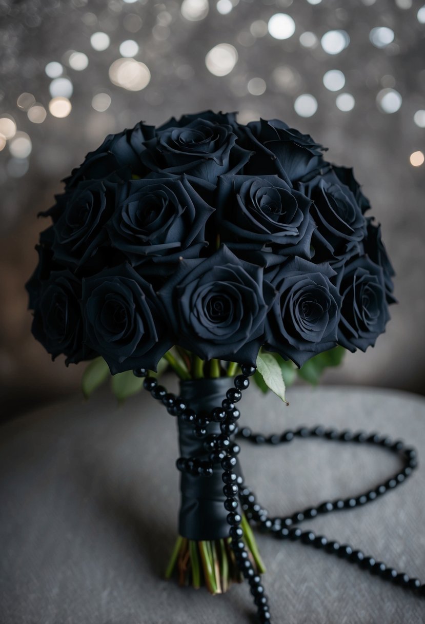 A bouquet of black roses intertwined with gothic beads, creating a dark and elegant wedding accessory