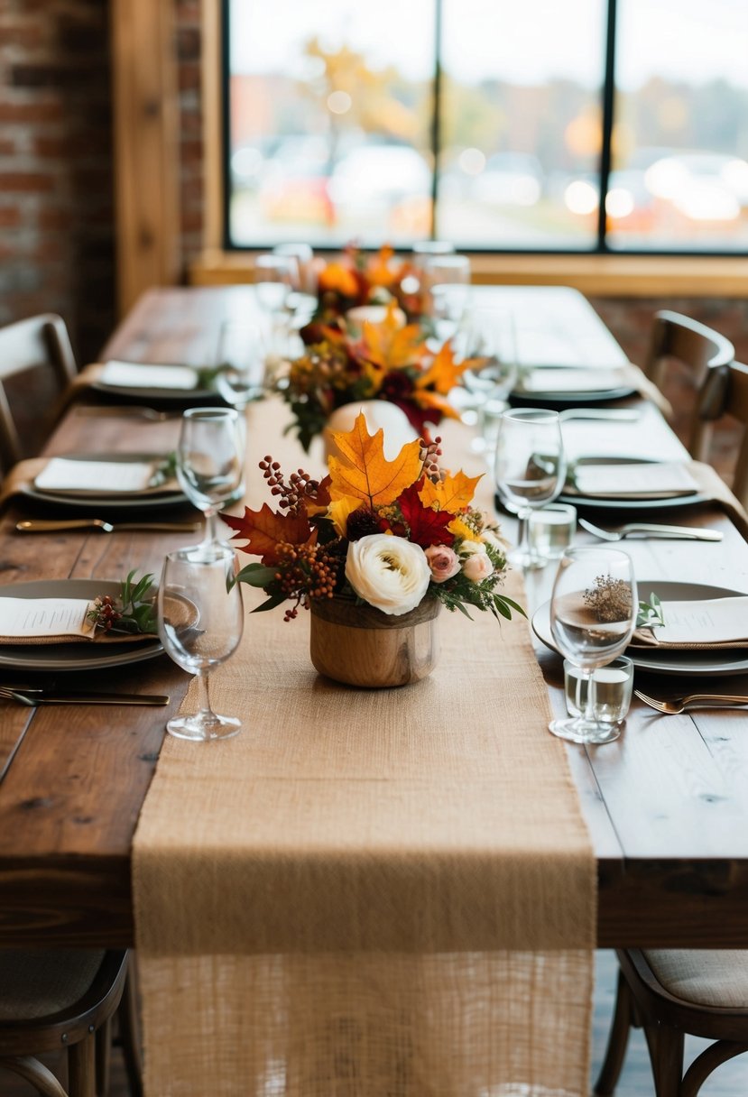 A rustic wedding table with burlap runners, adorned with autumn leaves and simple floral arrangements