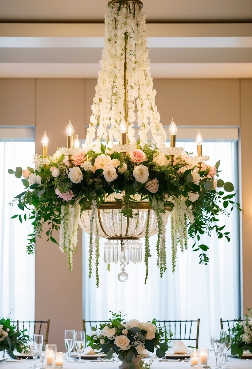 A floral chandelier hangs above the Mr. and Mrs. wedding table, adorned with cascading blooms and greenery, creating a romantic and elegant centerpiece