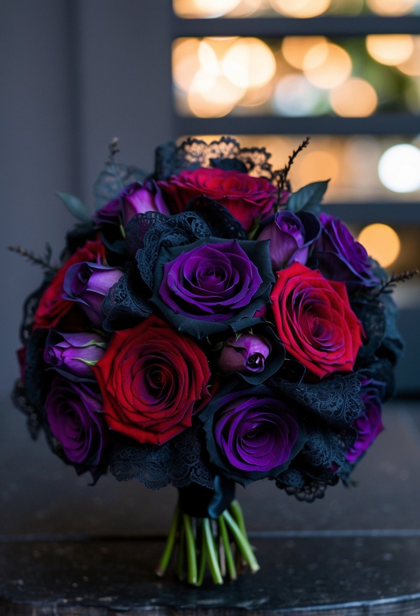 A dark purple and red gothic wedding bouquet with black lace and deep red roses