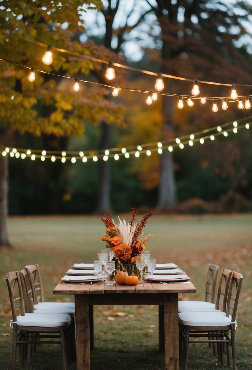 String lights hang above a rustic autumn wedding table, adorned with simple decorations