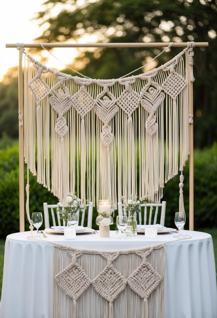 A macrame table backdrop hangs behind the mr and mrs wedding table, adorned with intricate knots and delicate patterns