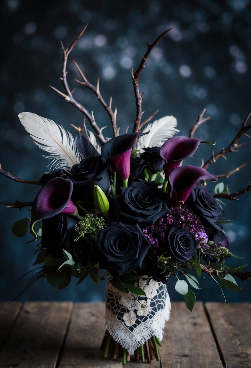 A dark floral bouquet with black roses, deep purple calla lilies, and thorny branches, accented with feathers and lace