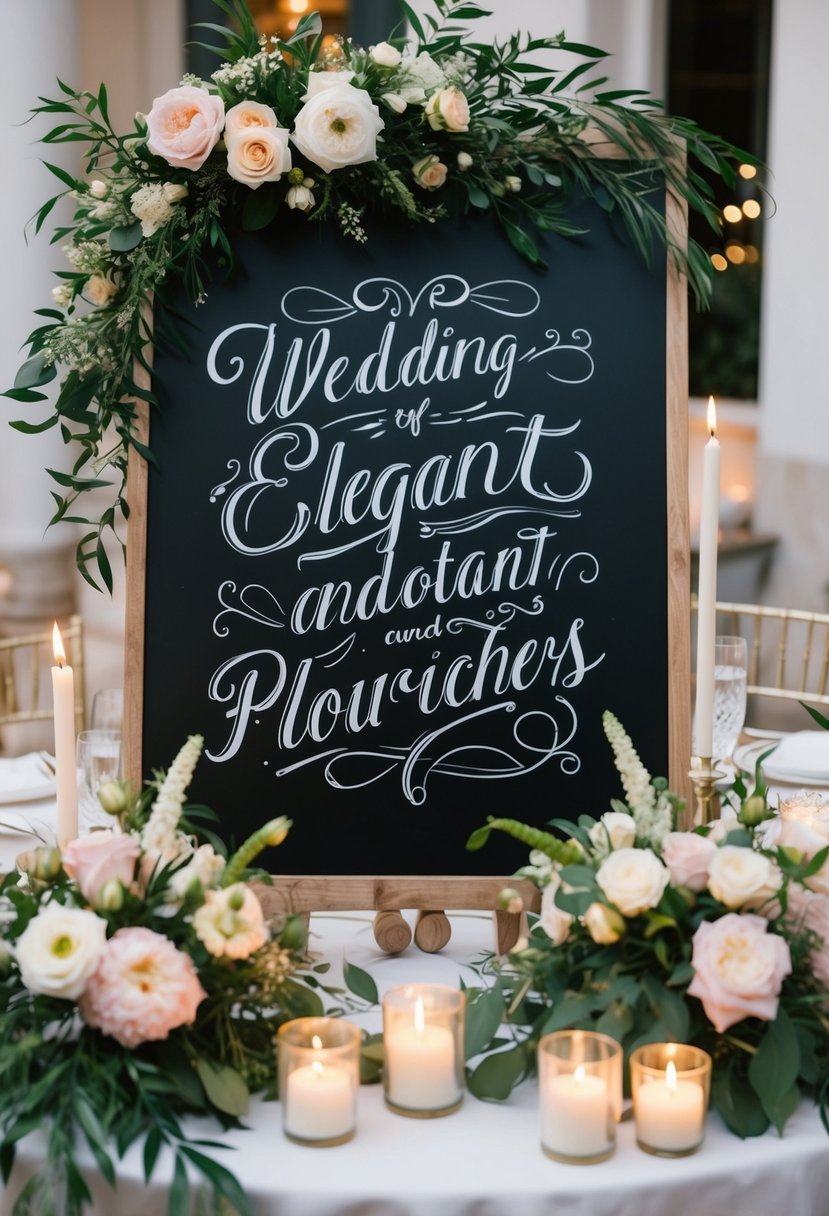 A chalkboard sign with elegant script and decorative flourishes, surrounded by floral arrangements and candles, set on a beautifully adorned wedding table