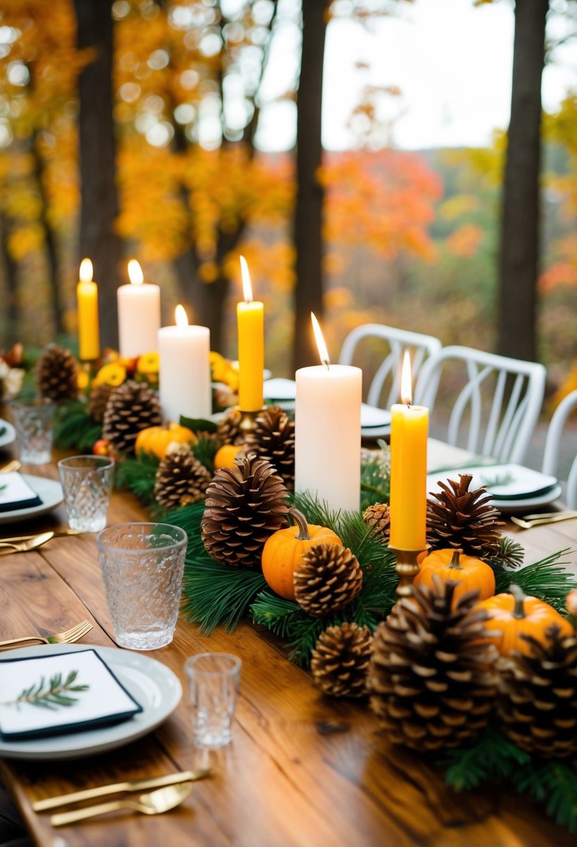 A wooden table adorned with pinecone accents, candles, and autumn foliage