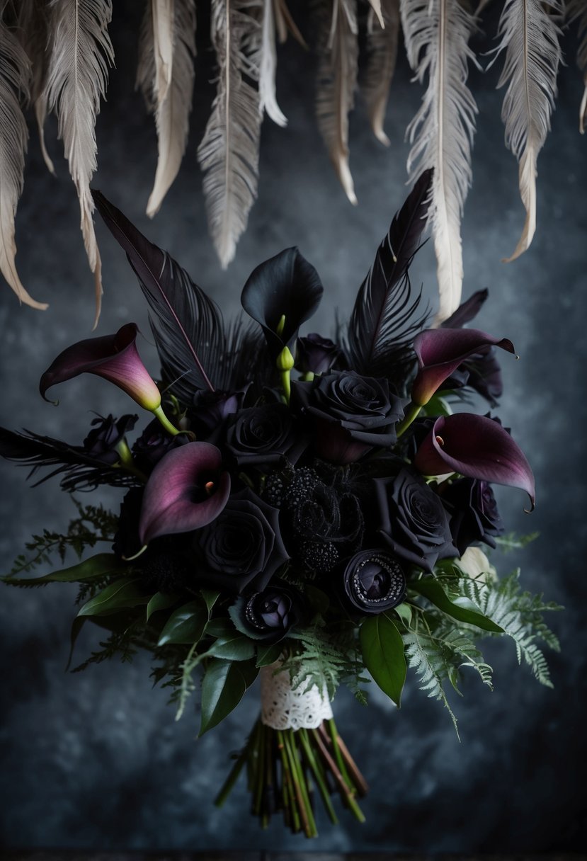 A dark, moody bouquet of hanging amaranthus, black roses, and deep purple calla lilies, accented with feathers and lace