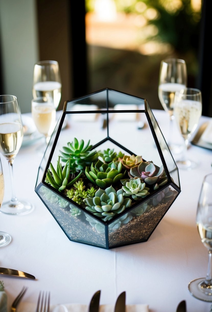 A glass geometric terrarium holds a variety of succulents, serving as a centerpiece for a wedding table