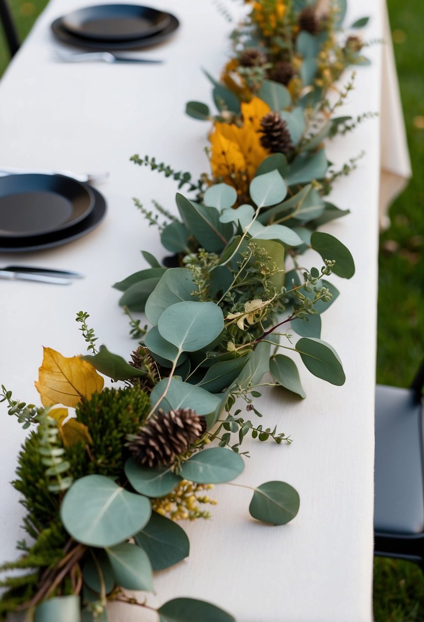 Eucalyptus sprigs mixed with autumn foliage on a simple wedding table