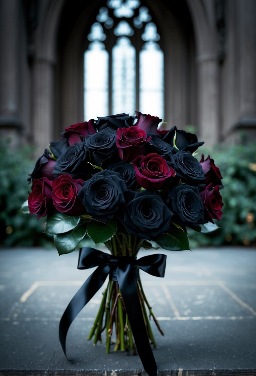 A dark, moody bouquet of black and deep wine roses tied with black ribbon, set against a backdrop of gothic architecture