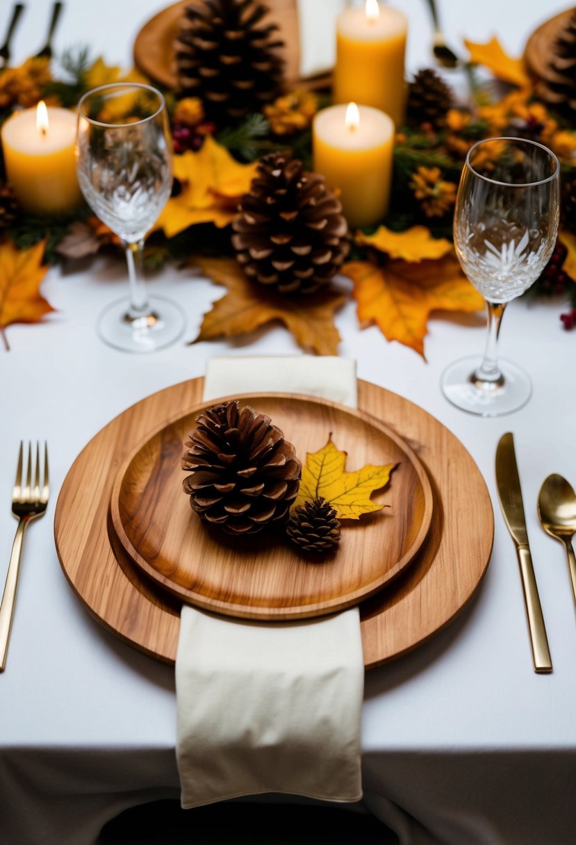 Wooden charger plates with autumn leaves, pinecones, and candles create a simple wedding table decoration