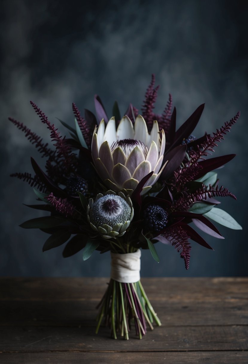 A dark bouquet of protea and scabiosa, accented with deep purple foliage, set against a moody backdrop