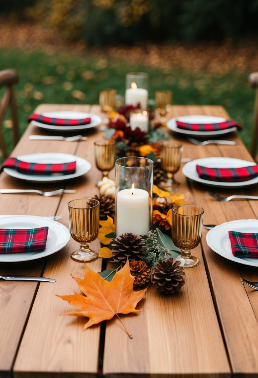 A wooden table set with plaid napkins, autumn leaves, and simple wedding decor