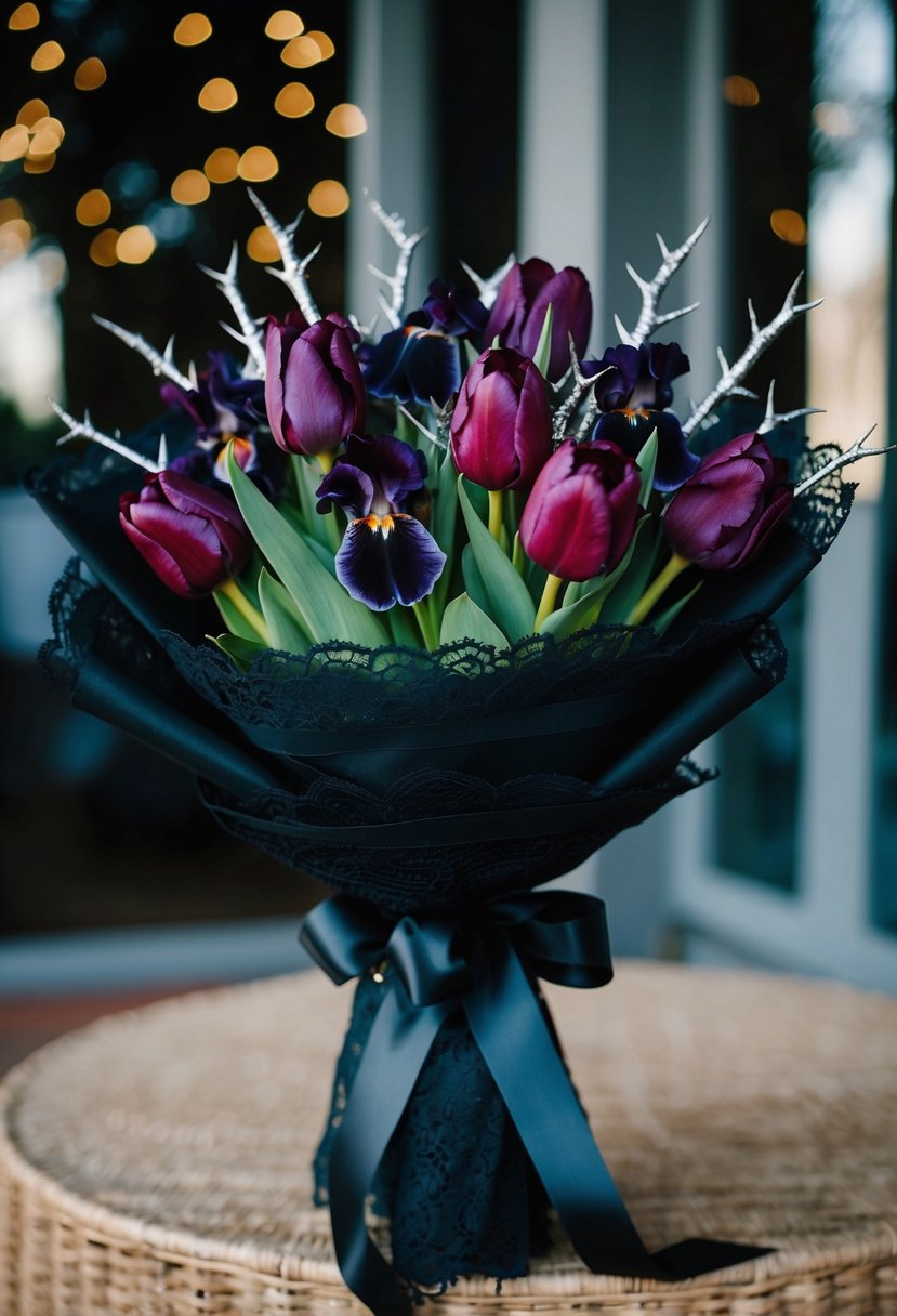 A bouquet of dark purple irises and deep red tulips, wrapped in black lace and adorned with silver thorns