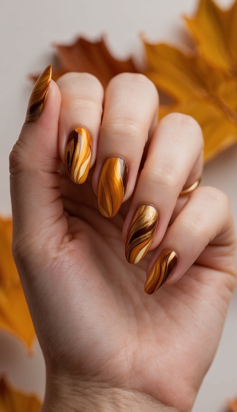 Gold, brown, and amber swirls on mid-length nails