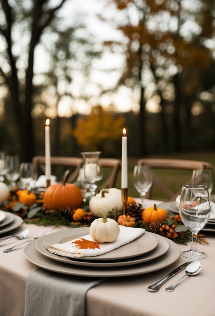 A table set with neutral dinnerware, adorned with simple autumn decor for a wedding