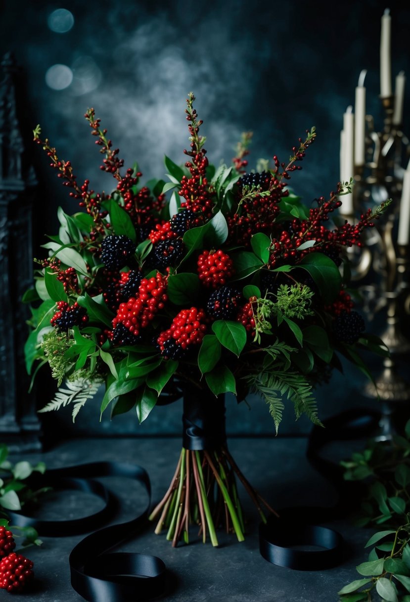 A dark, romantic bouquet of deep red berries and lush green foliage intertwined with black ribbon, set against a backdrop of moody, gothic elements