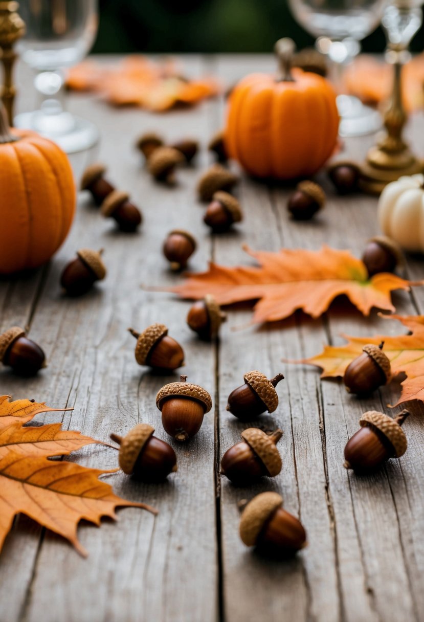 Acorns scattered on rustic wedding tables, with autumn leaves and simple decor