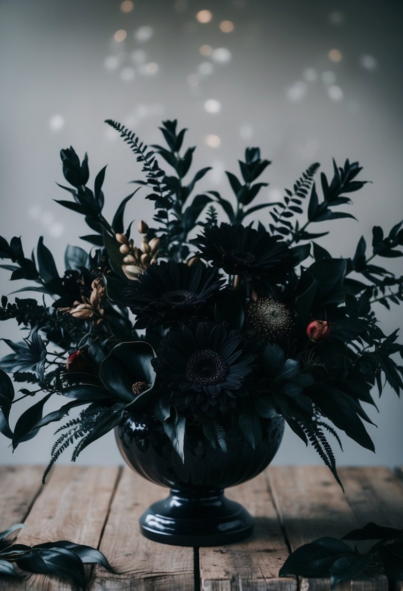 A vintage black flower arrangement with dark foliage and gothic elements