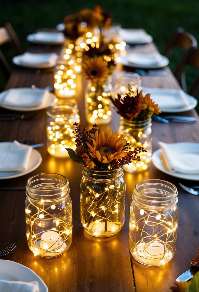 Jars filled with fairy lights illuminate an autumn wedding table, creating a simple and enchanting atmosphere