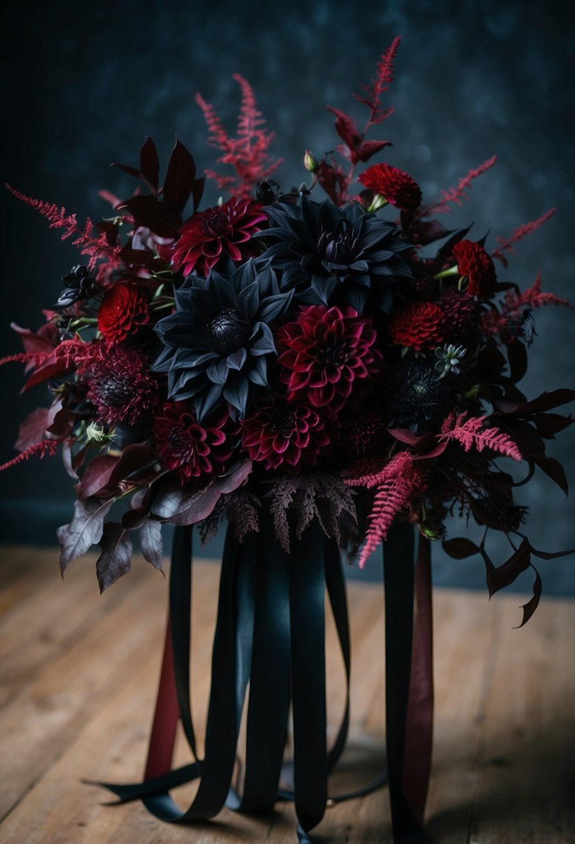 A dark, moody wedding bouquet featuring Black Beauty dahlias and other gothic blooms, accented with deep red foliage and cascading ribbons