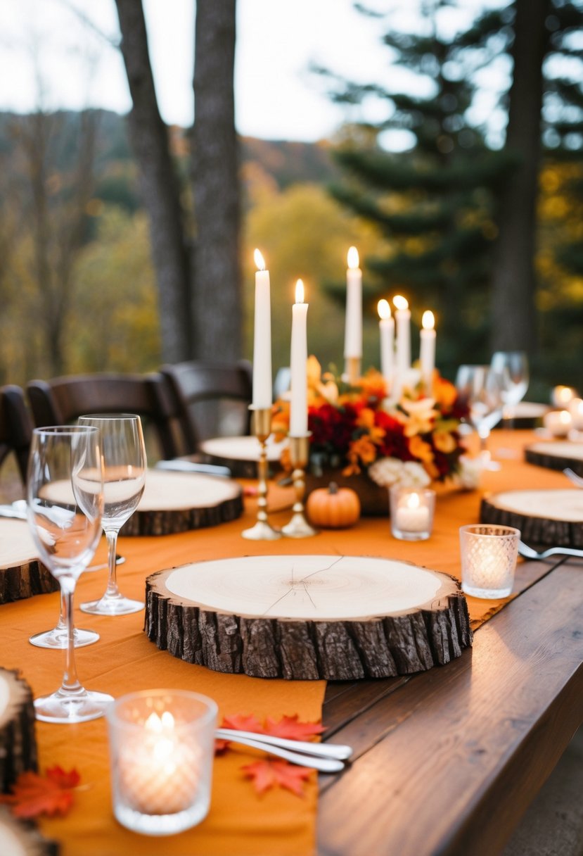 Rustic log slices serve as autumn wedding table decor