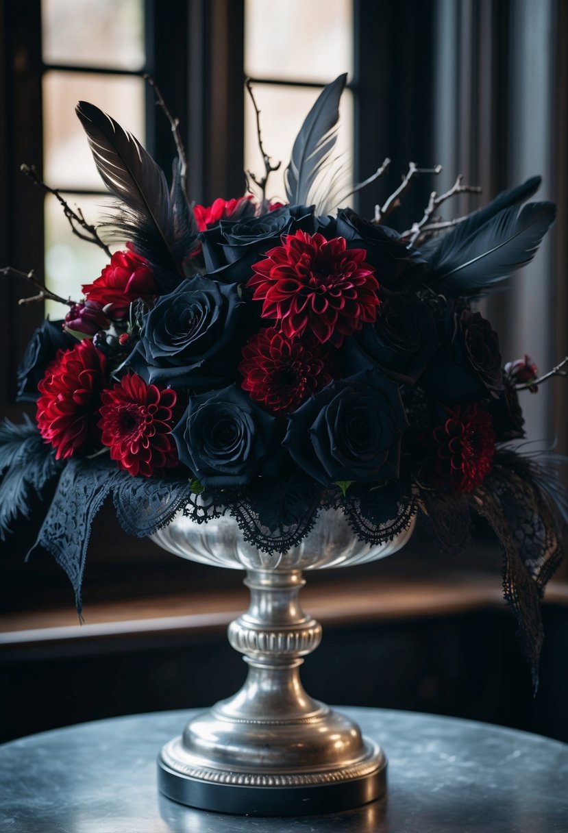 A dark bouquet of black roses, deep red dahlias, and twisted branches, accented with black lace and feathers, sits on a vintage silver pedestal