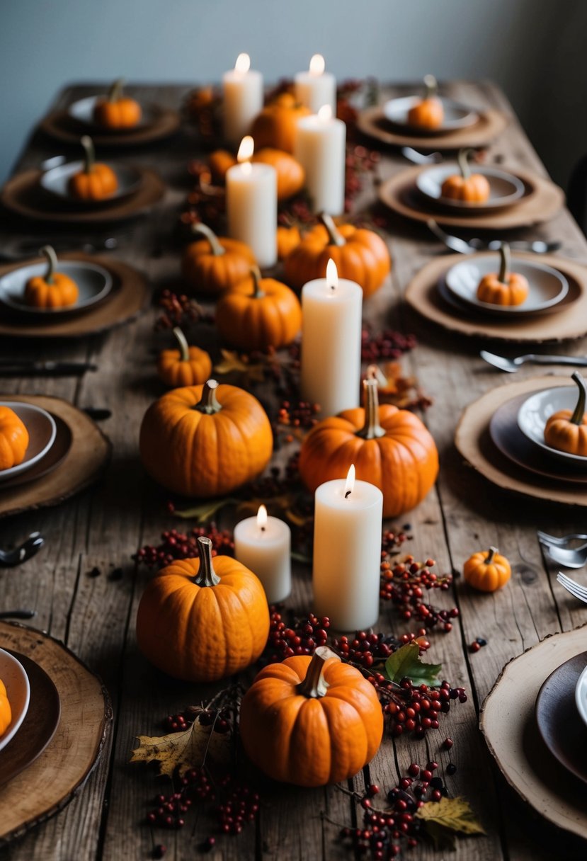 A rustic wooden table adorned with autumn leaves, small pumpkins, and scattered berries, with simple white candles creating a warm and inviting atmosphere