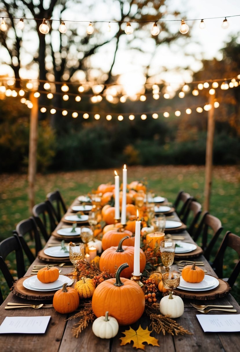 A rustic outdoor table adorned with pumpkins, candles, and autumn foliage for a fall wedding celebration