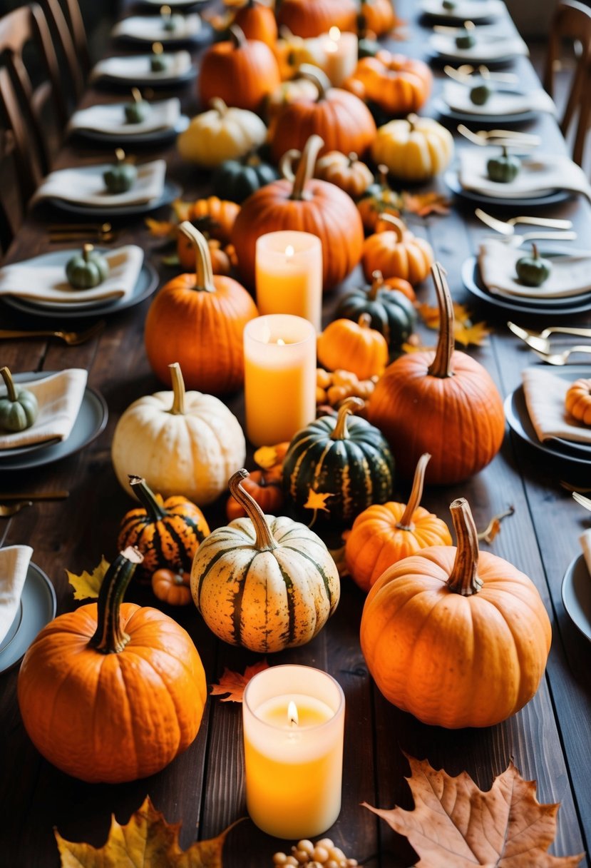 Pumpkins and gourds arranged on wooden tables with candles and autumn leaves for a rustic fall wedding centerpiece