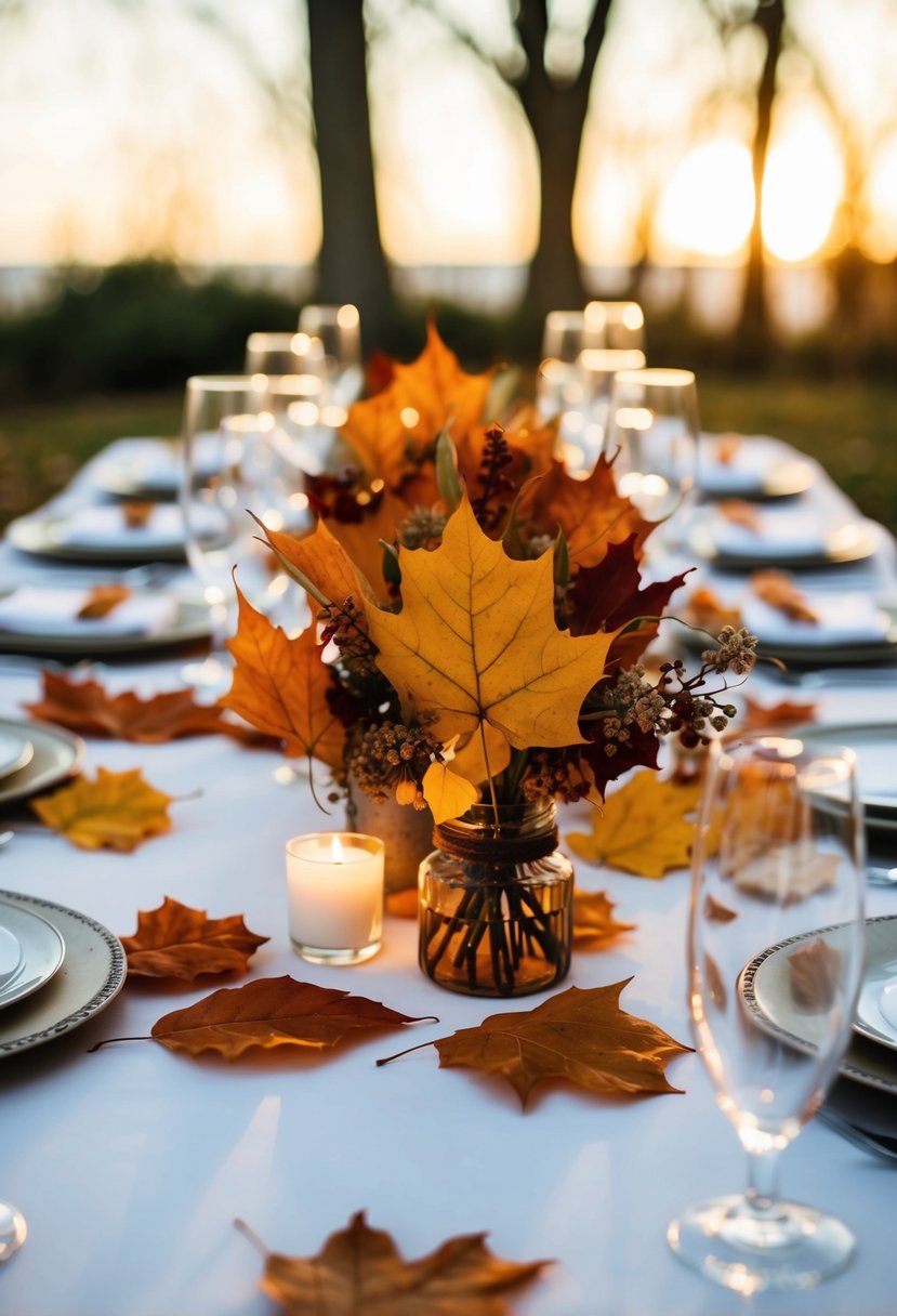 Autumn leaves scattered around rustic wedding table centerpiece