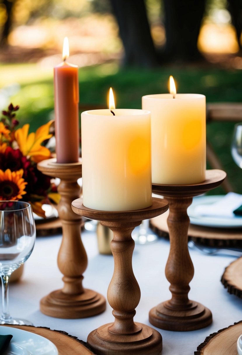 Wooden stands hold pillar candles in a fall wedding table setting