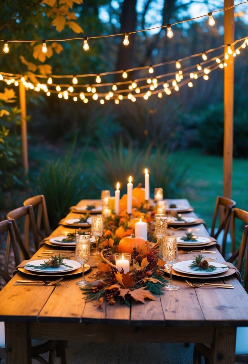 Warm string lights draped over a rustic wooden table adorned with autumn foliage and candles for a cozy fall wedding ambiance