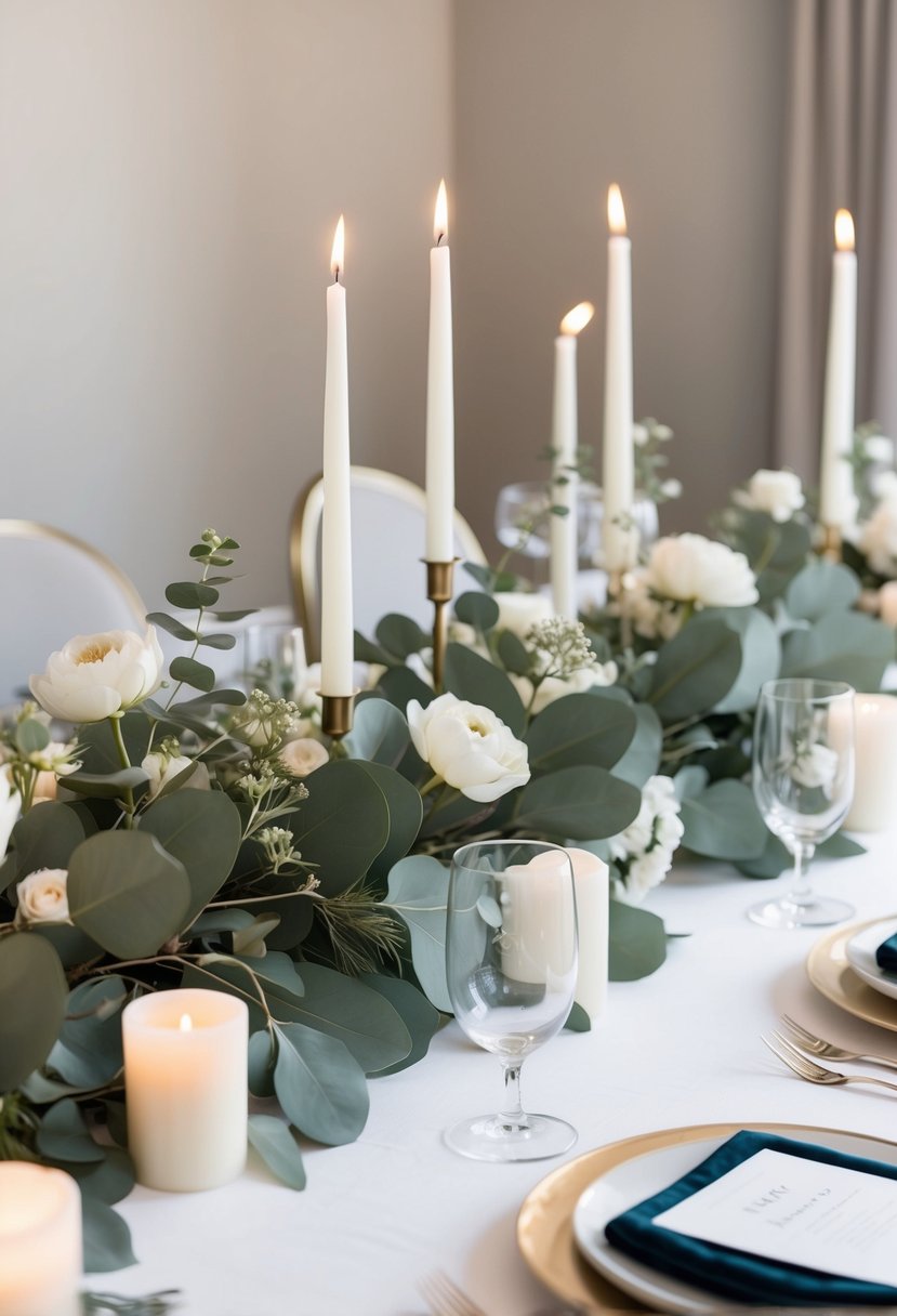 A table adorned with eucalyptus branches, white candles, and delicate floral arrangements