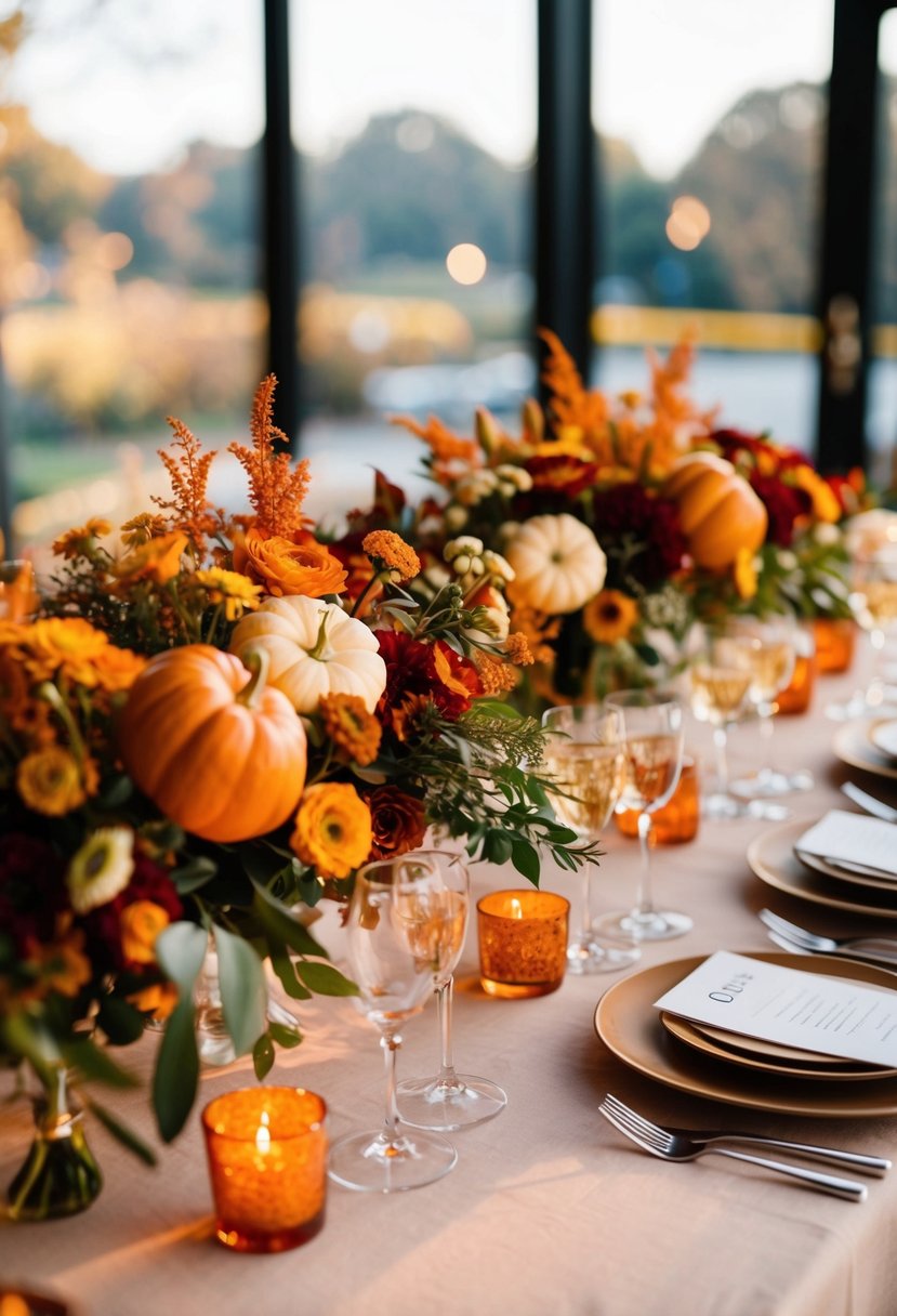 A table adorned with seasonal flowers in warm hues for a fall wedding