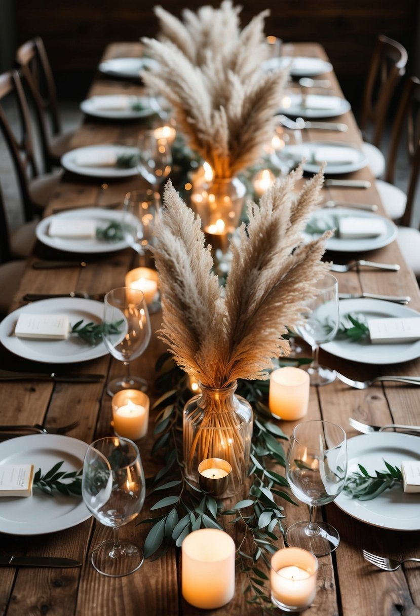 A rustic wooden table adorned with pampas grass centerpieces, surrounded by glowing candles and elegant table settings