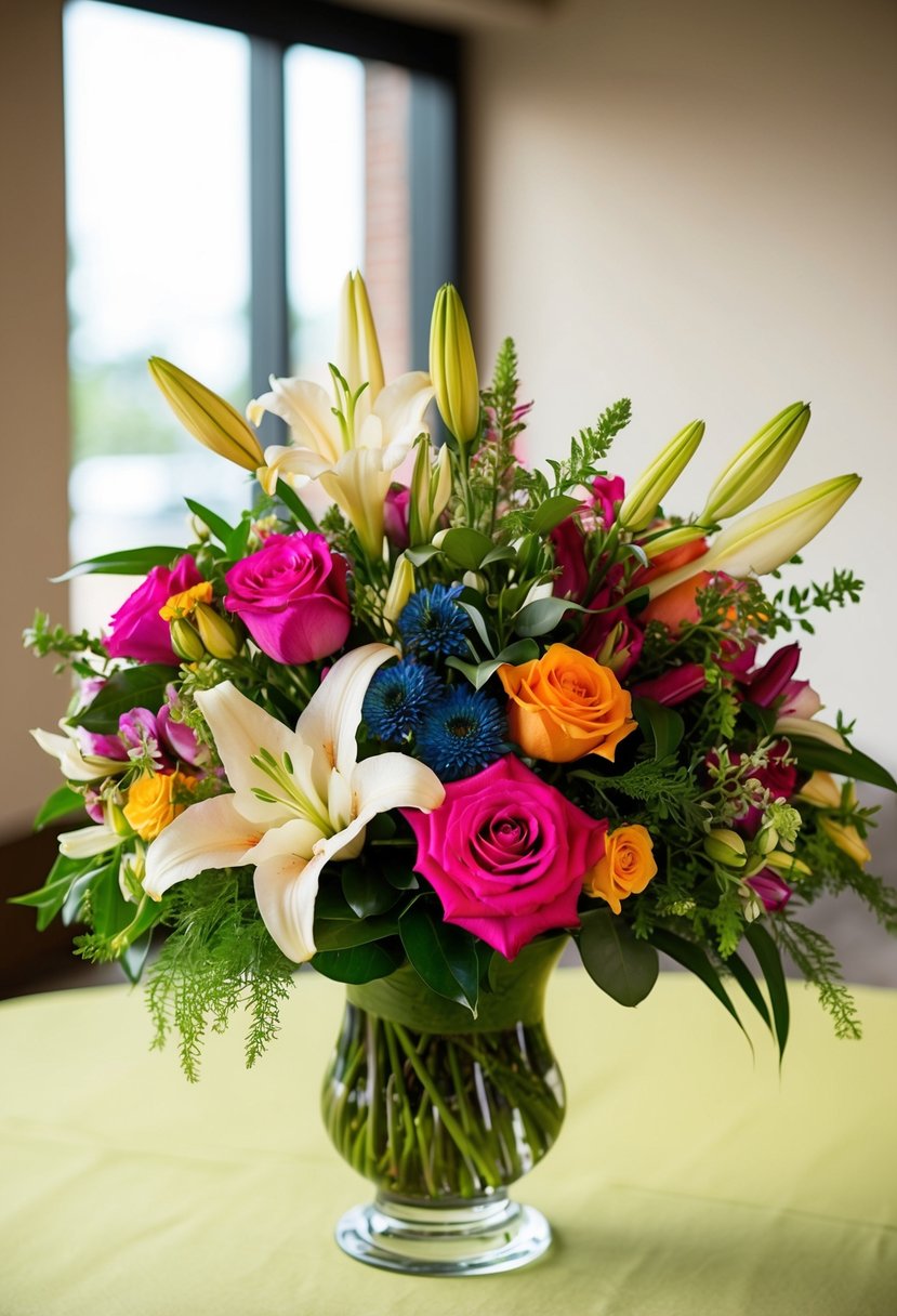 A vase filled with a vibrant assortment of flowers, including roses, lilies, and greenery, sits on a table as a potential wedding bouquet