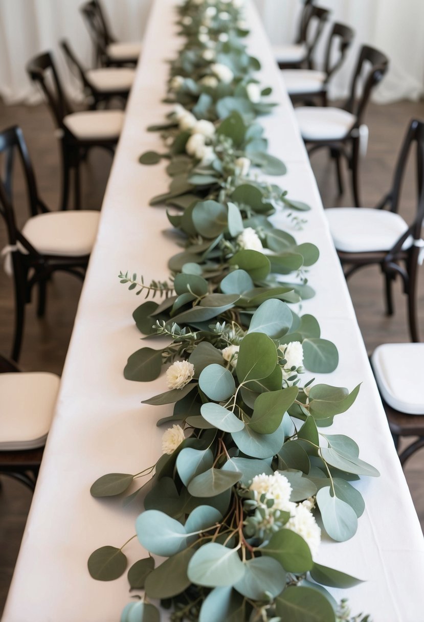 Eucalyptus garlands drape across long tables, creating an elegant and natural wedding table decoration