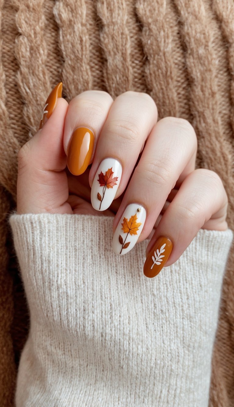 Cream nails adorned with delicate maple leaves and caramel nails, one with a white leaf branch
