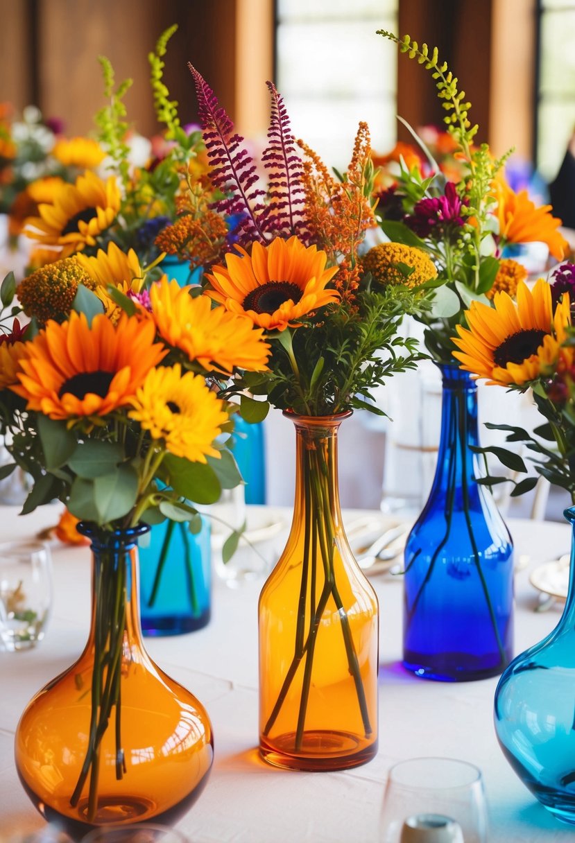 Several colored glass vases filled with vibrant fall flowers and foliage arranged on a wedding reception table