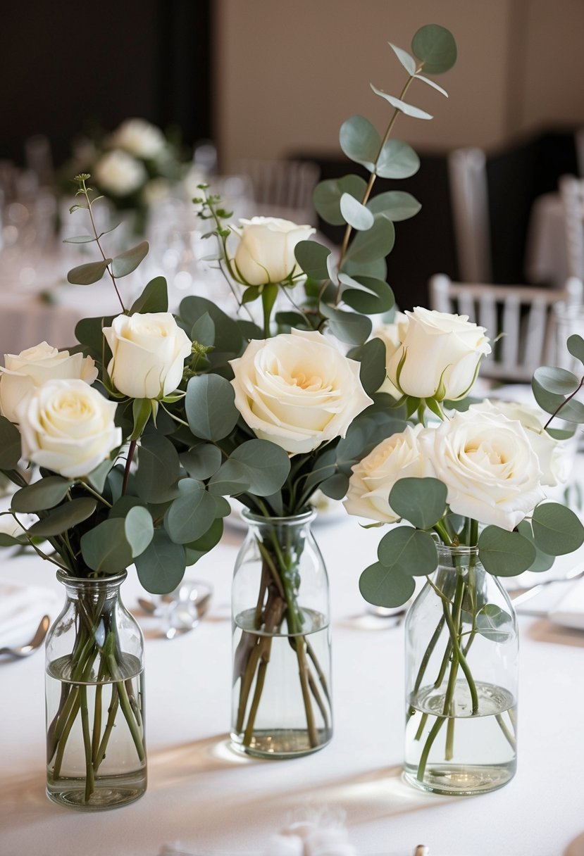 Eucalyptus and white roses arranged in glass vases on a wedding reception table