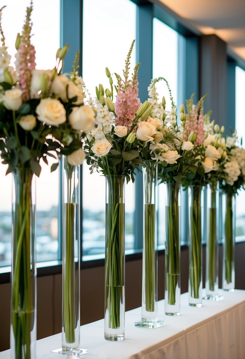 Tall, slim vases display elegant wedding bouquets of long-stemmed flowers