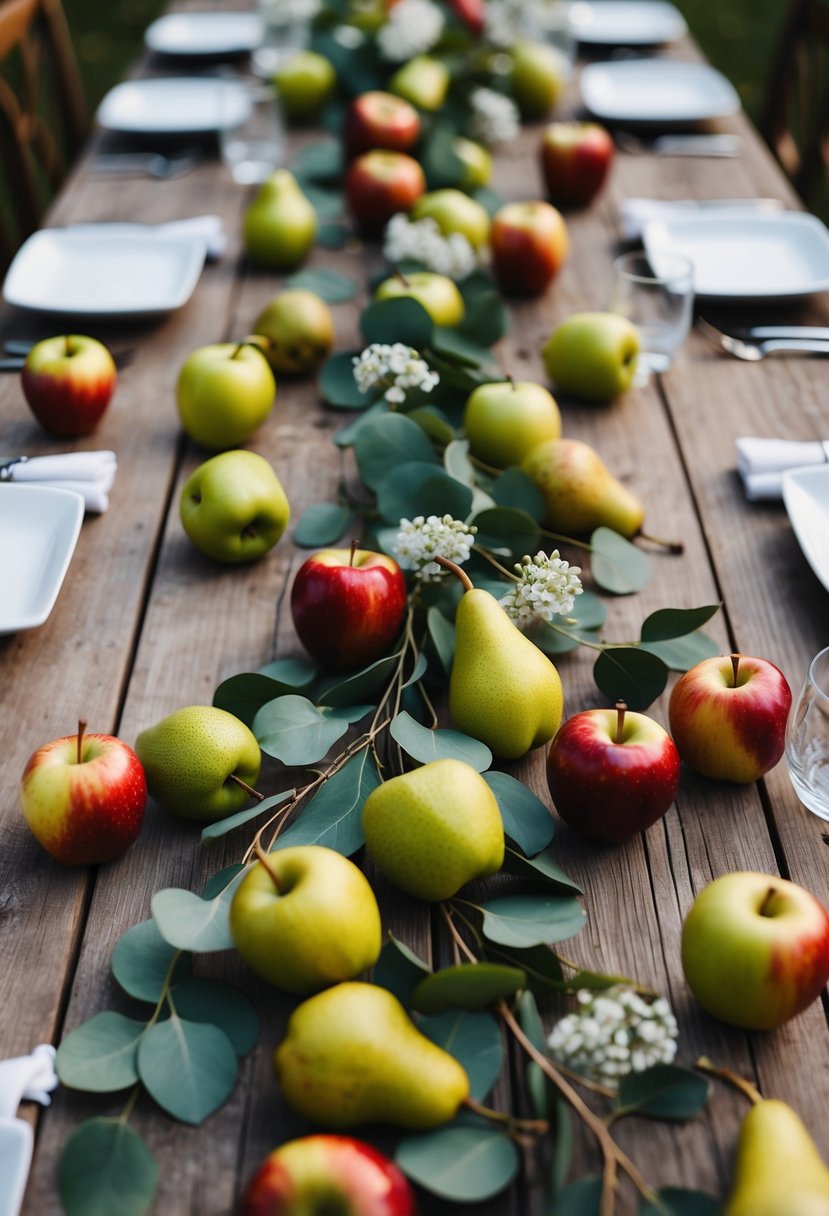 Rustic wooden table with scattered red apples and green pears, intertwined with eucalyptus and white flowers, set for a fall wedding