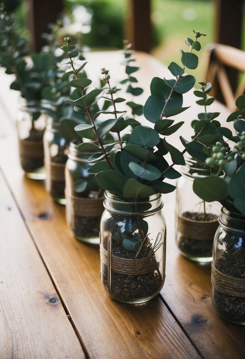 Seeded eucalyptus arranged in mason jars on a wooden table, creating a rustic wedding centerpiece