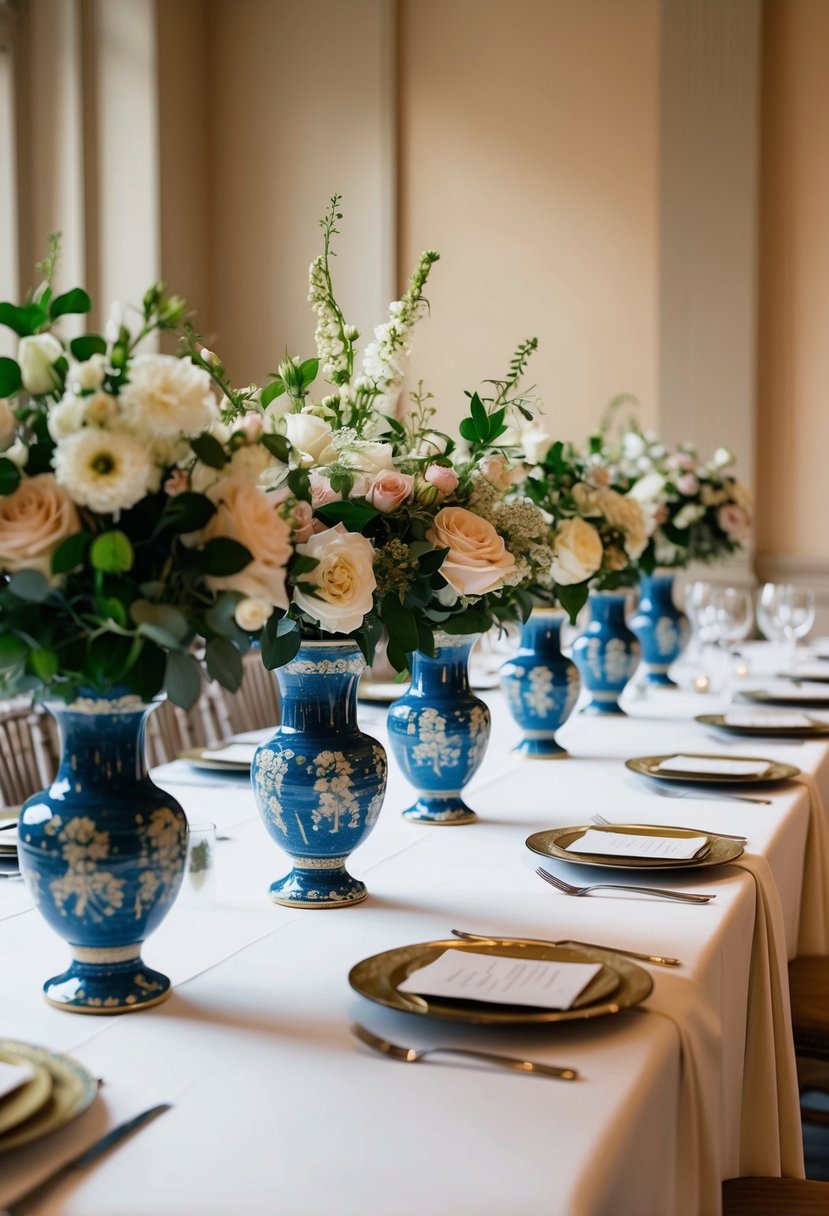 A table adorned with vintage ceramic vases filled with lush wedding bouquets